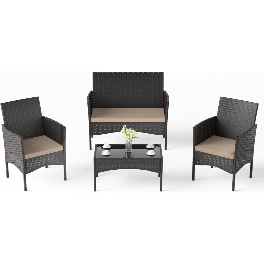 

4-piece terrace furniture set, outdoor furniture with soft cushions and glass table, all-weather modern rattan chairs