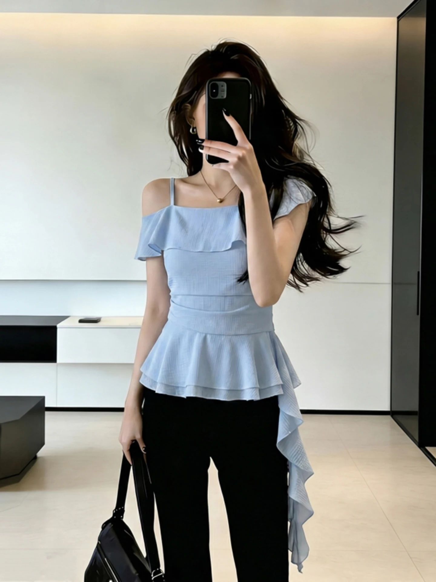 

plus Size Women's Korean Style Commuter Blue Short Sleeve Shirt Asymmetrical Hem Slim Fit Summer Fashion Shoulder Bows Top