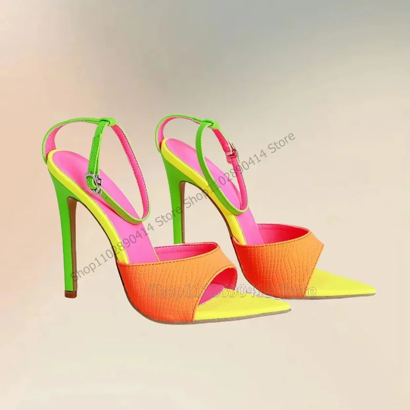 

Mixed Color Lychee Print Open Toe Sandals Ankle Buckle Strap Women Shoes Thin High Heels Fashion Party 2023 Zapatos Para Mujere