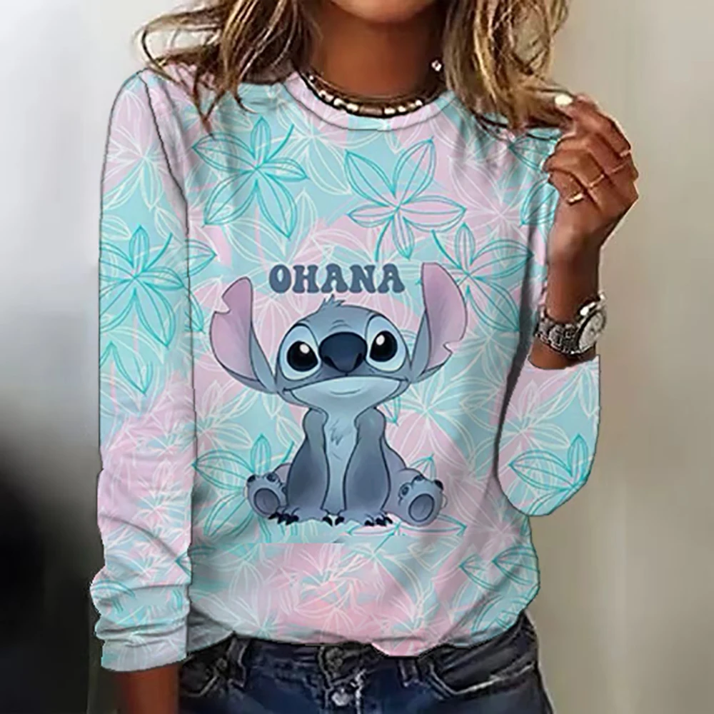 New women\'s round neck T-shirt long sleeved top Disney Christmas Stitch print fashionable and trendy women\'s T-shirt top for aut