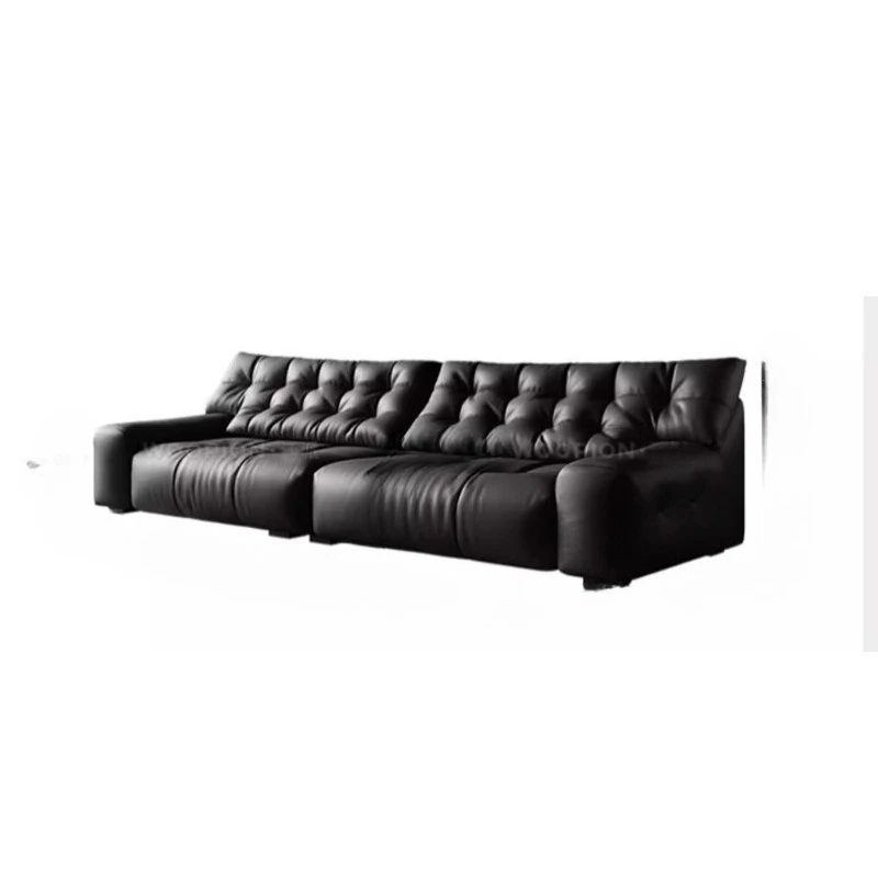 

Italian minimalist black bear leather sofa, first layer cowhide, small living room straight row retro black leather art sofa