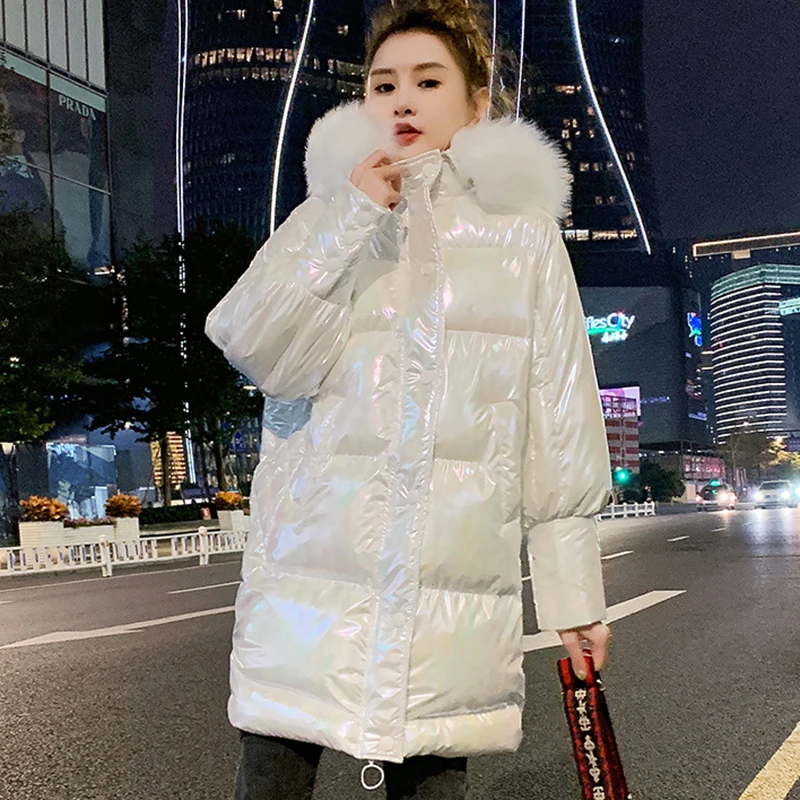 

Pocket Button Hooded Cotton Jacket 2023 Winter Fashion Straight Colorful Glossy Women's Loose Office Lady Zipper Cotton Jacket