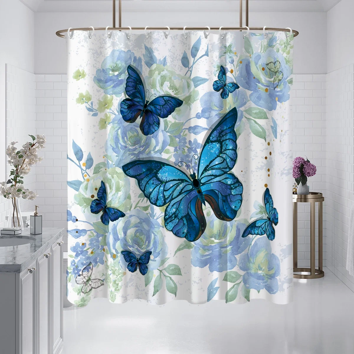 1 piece of 180x180cm blue butterfly flower printed shower curtain partition, bathroom waterproof and mold resistant