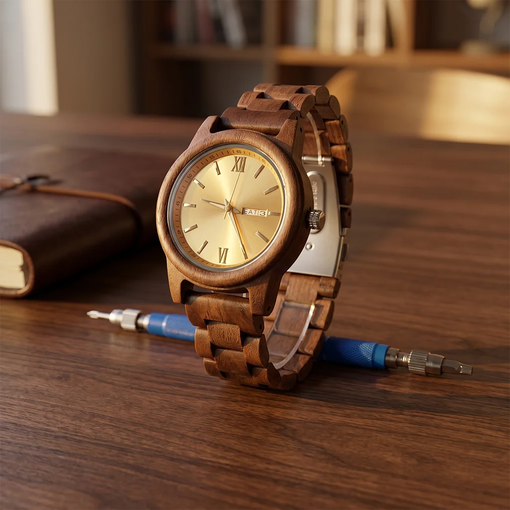 Men's Wooden Quartz Wristwatch with Date and Week Display description 4