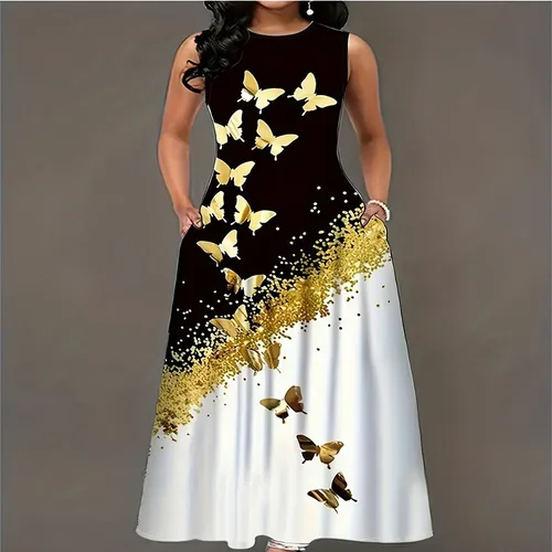 Imagen 1 del producto Vestido de talla grande, novedad de primavera y verano, vestido de estilo europeo y americano con estampado de mariposas y bolsillo, chaleco con cuello redondo, vestido acampanado