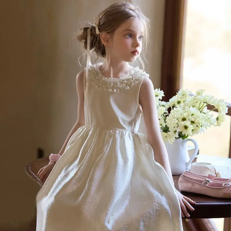 2025 Summer Girls Dress Solid Color Wood Grain Ruffle Cool Feeling Vest Princess Dress For 4-14 Years Girls Party Daily Skirt