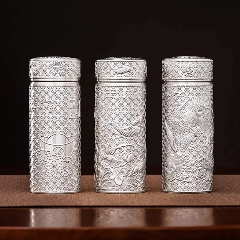 999 Sterling Silver Portable Thermos Bottle Embossed with Wealth Pi Xiu Koi Phoenix Pattern for Health Teacup 135ml/220ml/290ml