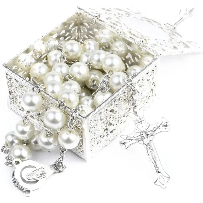 A Set First Communion Rosary Rosary Beads, Rosary Beads Catholic for Pack in Holy Cup Metal Gift Box for Girls Rosary Necklace
