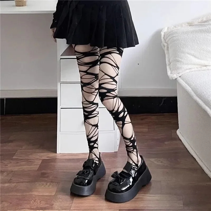 คู่โฮมเมดGothic Punkสไตล์ถุงน่องสาวร้อนSubculture Y2Kสีดําหลุมถุงน่องBottoming Pantyhose