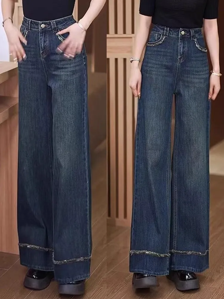 

Женские джинсы с высокой талией на флисовой подкладке, весенне-осенние, зимние, свободного кроя, утягивающие, с широкими штанинами, повседневные, в корейском стиле