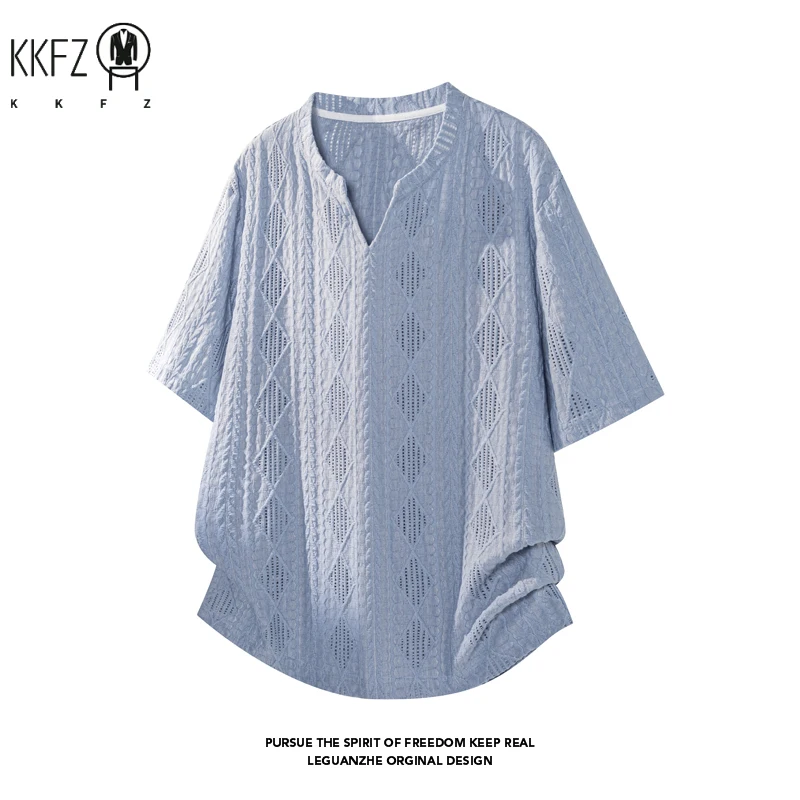 Male Lightweight Hollow Jacquard Short Sleeve Shirt V Notch Henley Neck Oversized Fit For Travel And Casual Outing