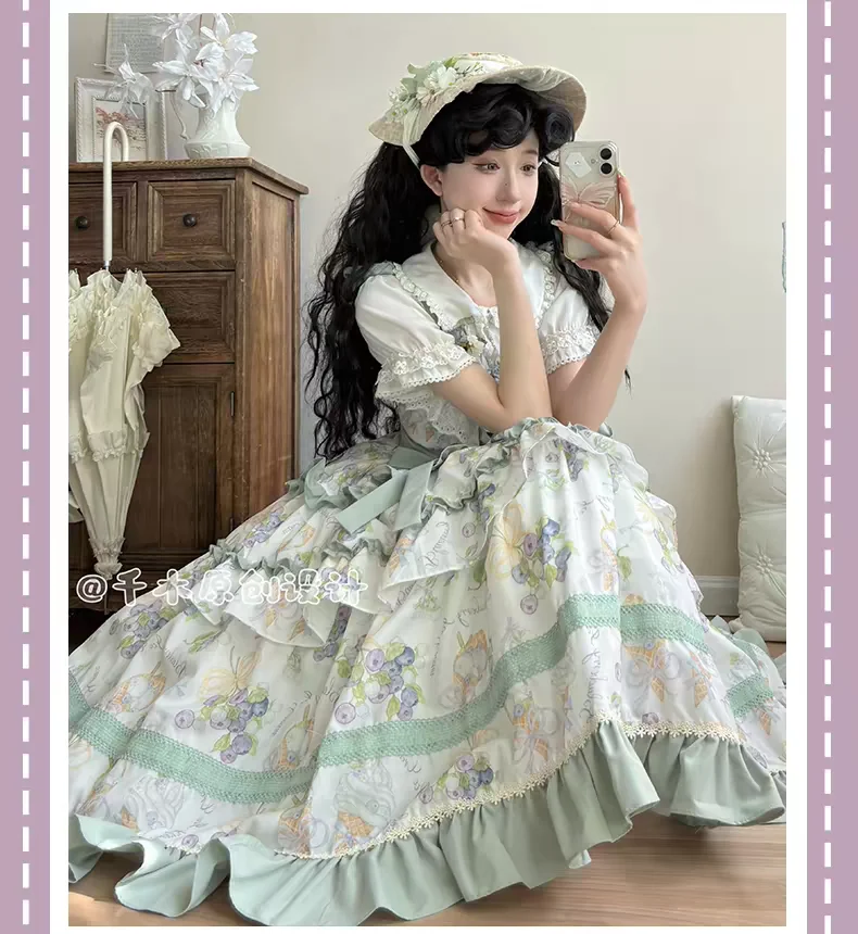 Kawaii Grape Print Princess Dress with Ruffles Bow Vintage Victorian Style Evening Party Sweet Elegant Lolita Jsk Dress for Wome view 5