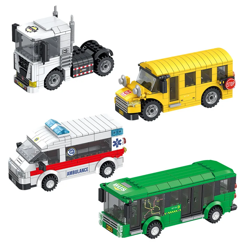 

City Transportation School Bus Ambulance Race Truck Model Building Blocks Bricks Sets Classic Boy Girl Kids Toys For Children