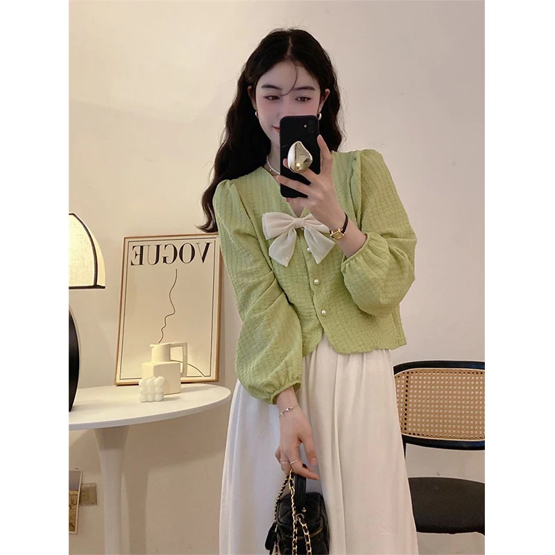 MEXZT S-3Xl Elegant Bow Shirts Women Sweet Pink Puff Long Sleeve Blouses Korean Fashion White V Neck Pearl Buttons Crop Tops New