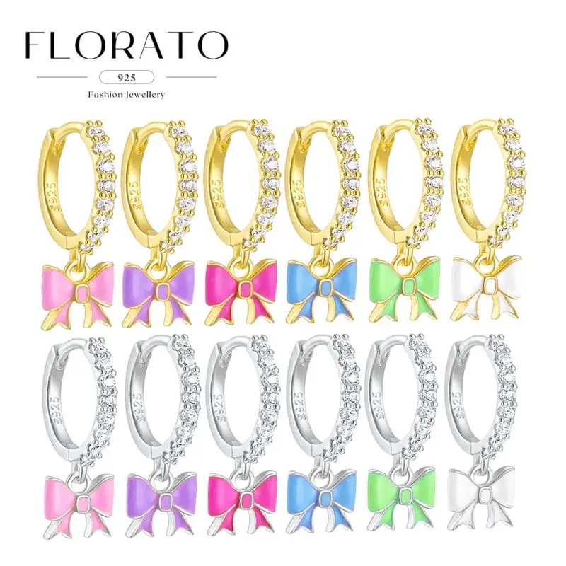 

FLORATO 925 Silver Needle Bow Pendant Enamel Hoop Earrings For Women Cute Girls Earrings Fashion Party Jewelry Birthday Gifts