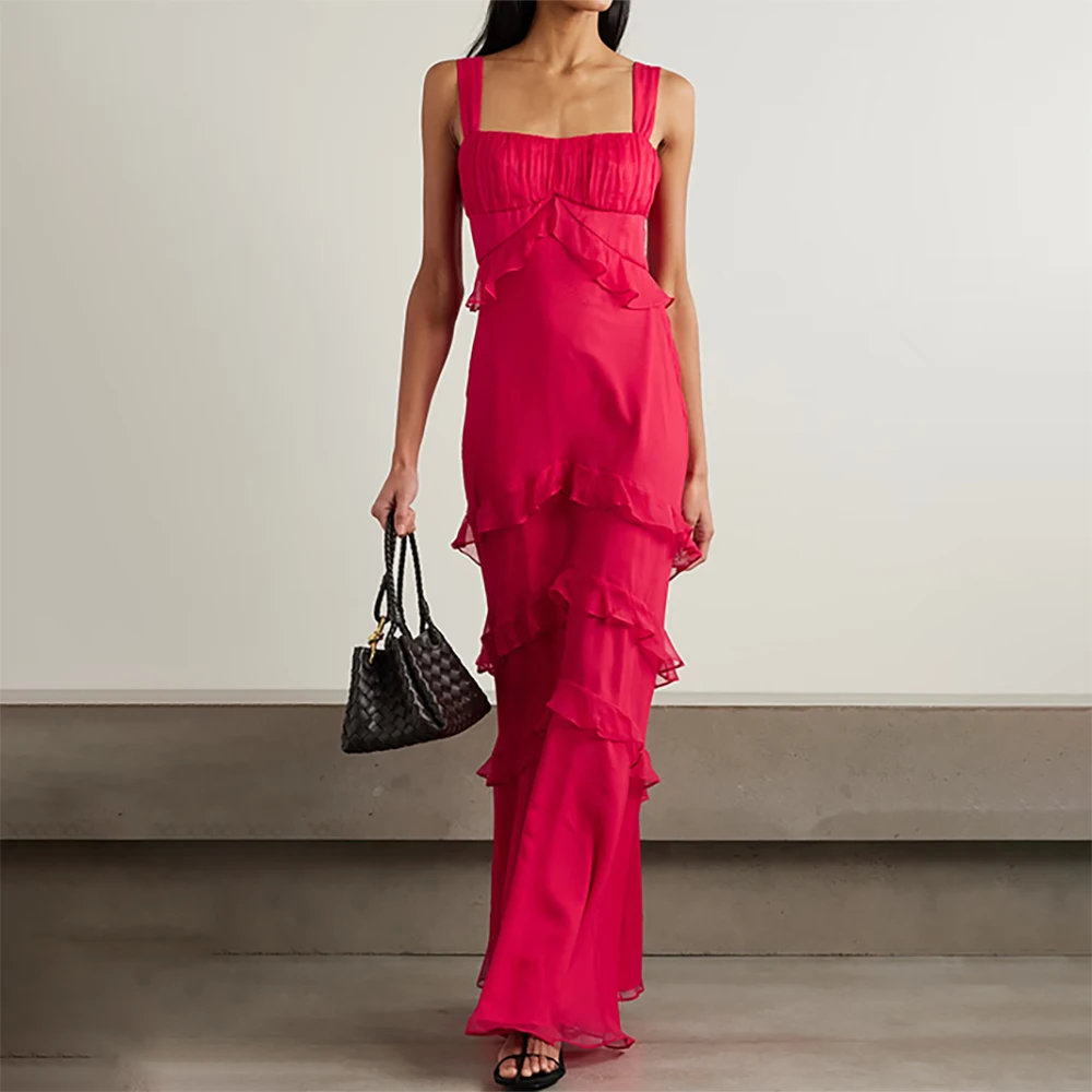 

2025 New Elegant Evening Dress Square Neck Prom Party Dresses Women's Strapless Ruffle Hem Ankle-Length Formal Gowns