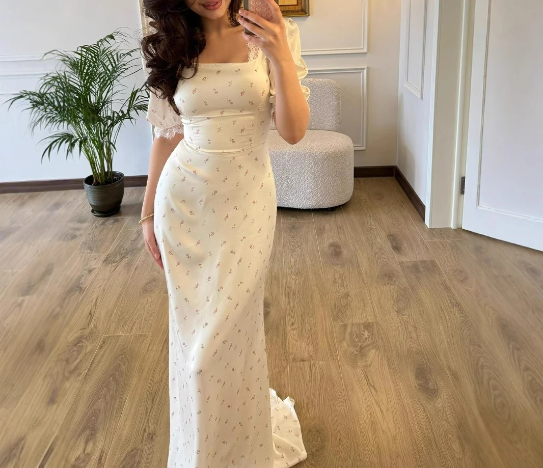 

2026 Spring Slim Lace-Up Satin Print Gentle Fairy Wind Lace Dress Female