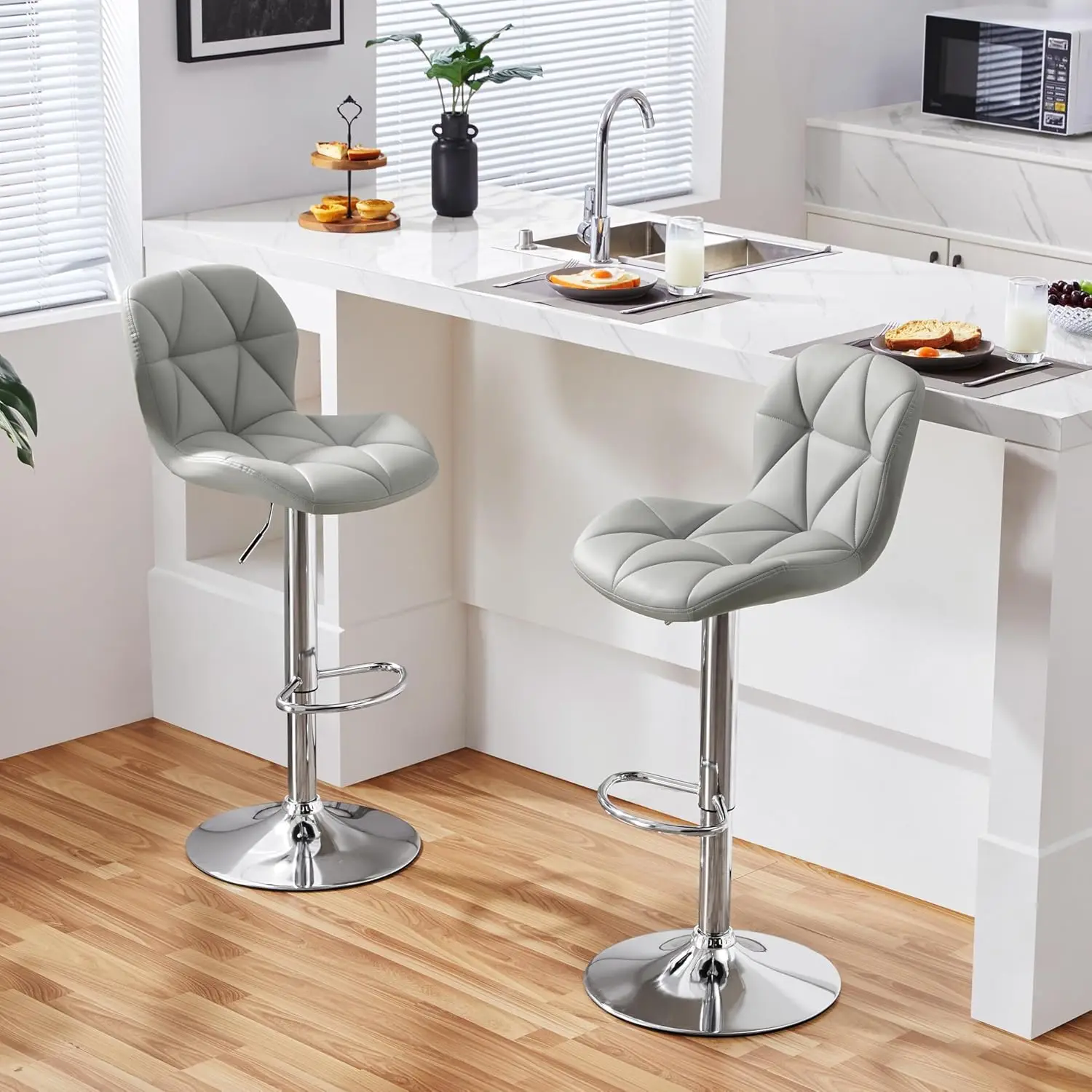 

Gray Bar Stools Set of 2, PU Leather Bar Chairs with Backrest, Height Adjustable Swivel Island Stools, Customized