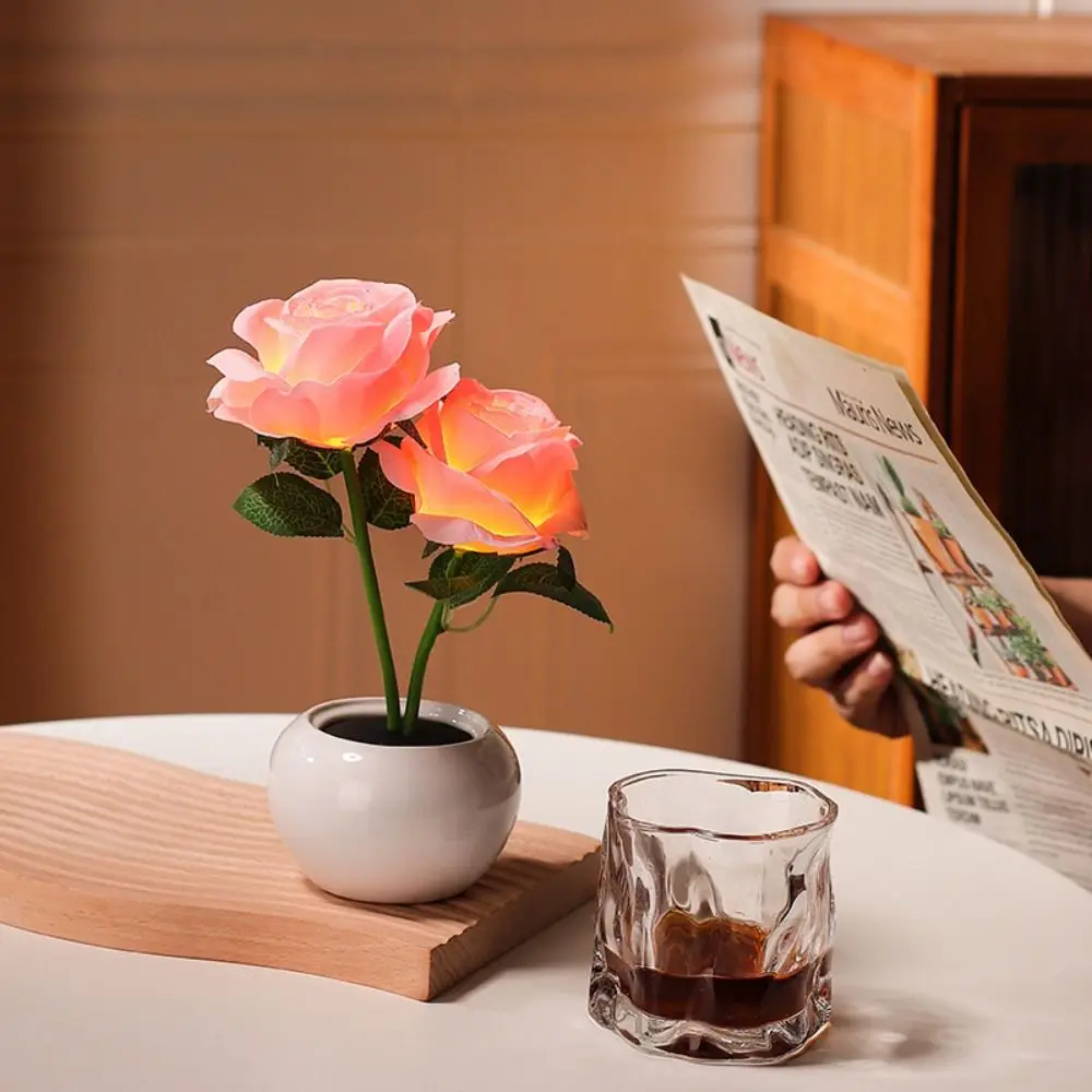 Ceramic Base LED Rose Table Lamp Soft Light 2/3 Flowers Flower Bonsai Night Light Exquisite Decorative Romantic Atmosphere Lamp