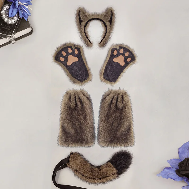 Halloween Furry Ear Warm Women Set Cosplay Performance Paw Headband Plush Werewolf Props Show Festival Stage Party Costume