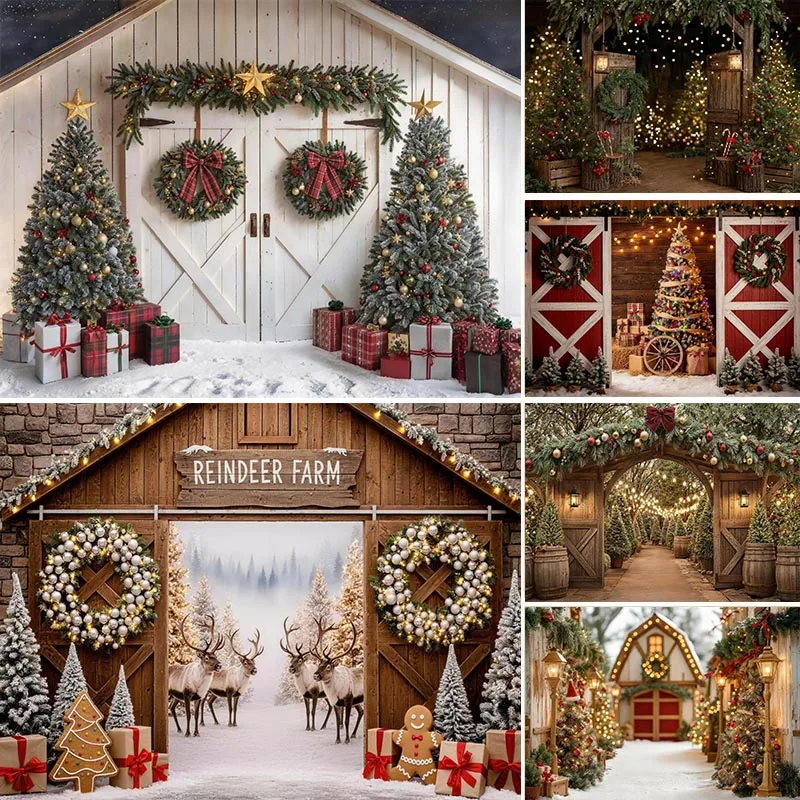LS Rustic Barn Christmas Tree Farm Photography Backdrop For Winter Newborn Baby Kids Xmas Family Photo Background