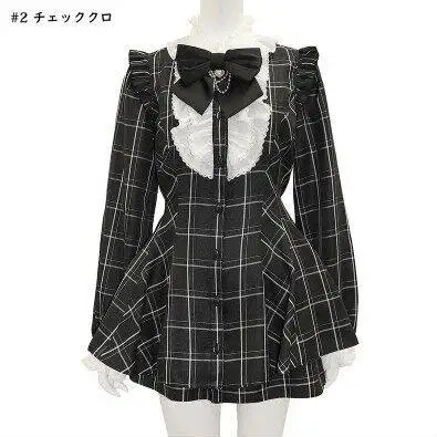 SC Suit  Sweet Outfits Japanese Mine Plaid Long Sleeve Shirt Spring AutumnBow Tie Chain Mass-Produced Dress and Culottes Set