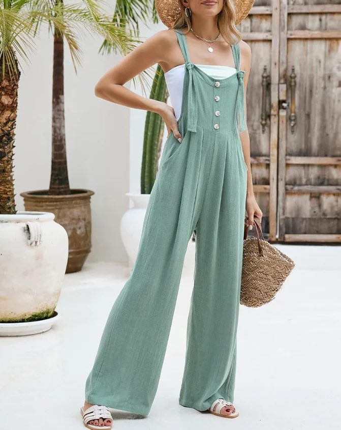Lace Up Detail Pocket Design Button Front Jumpsuit Casual Wide Leg Solid Color High Waist Slim Fit Elegant Summer Jumpsuit
