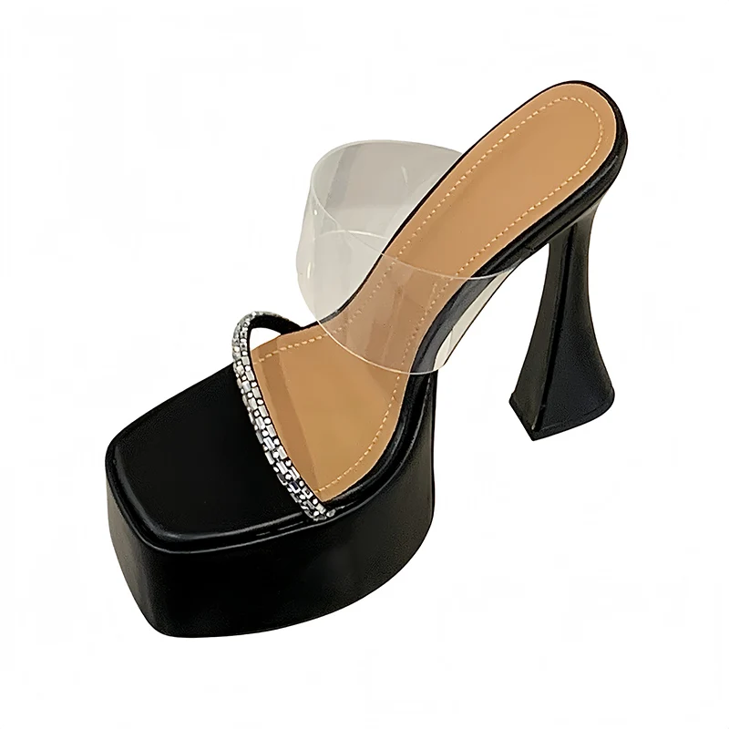 

16cm Heeled Slippers White Platform Shoes Summe Clear Transparent Chunky Heels Sandals Woman Square Open Toe Fahion Shoes