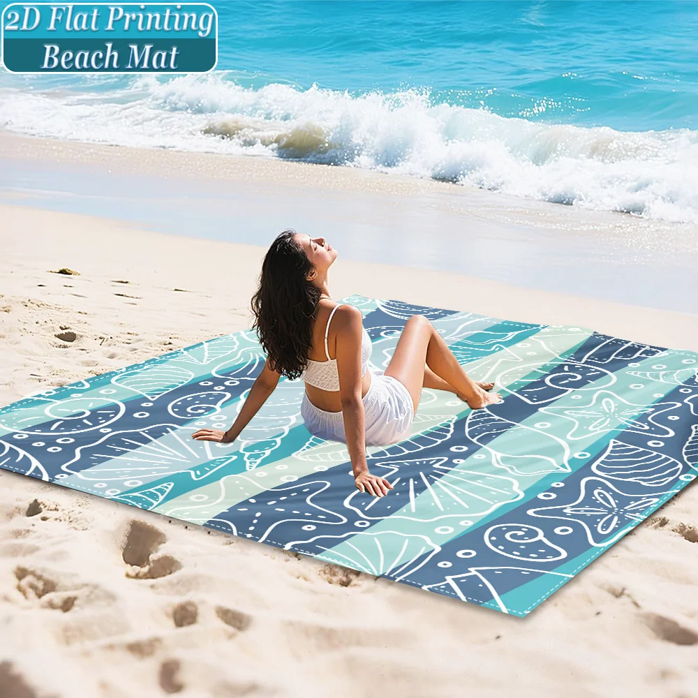 VIKAMA Stranddecke mit Muschel- und Seesternmuster, blau-weiß gestreift, sanddichte Strandmatte, für Picknick, Camping, feuchtigkeitsbeständige Matte im Freien