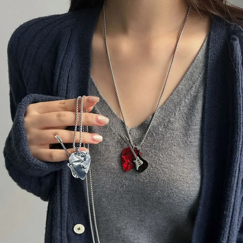 Hip-hop Guitar Pick Pendant Necklace Titanium Steel Punk Guitar Chain Choker Vintage Trendy Electric Guitar Sweater Chain Couple