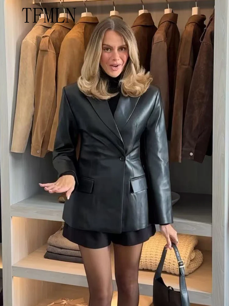 Mulheres finas jaquetas de couro falso moda entalhado único botão causal chique casacos manga cheia bolsos outwear 2025 outono inverno