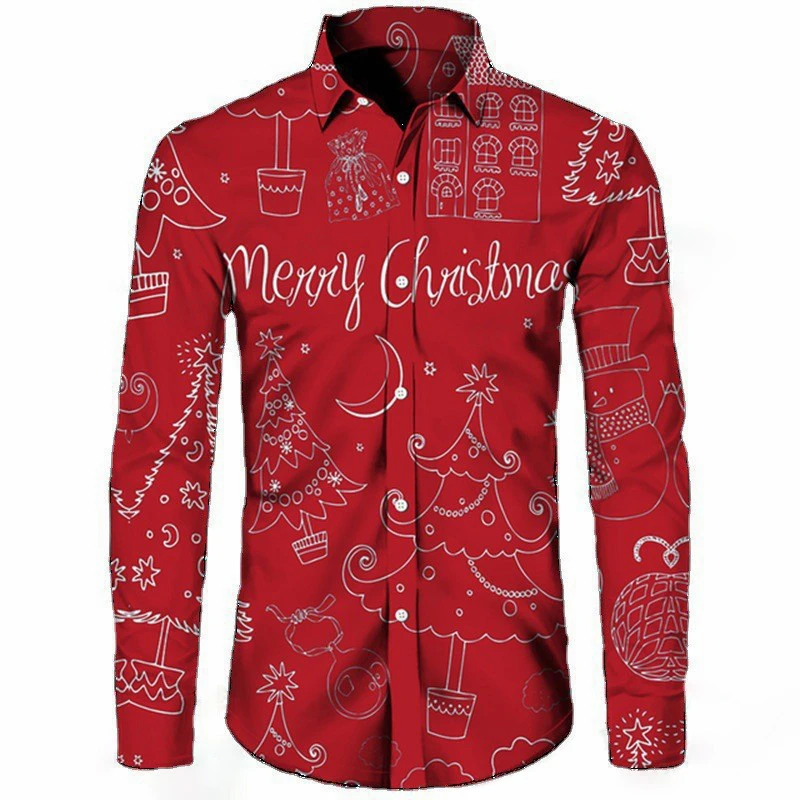 Men Turn‑Down Collar Long Sleeve Button‑Up Shirt Christmas Multi‑Element Full Print Holiday Party Casual Top