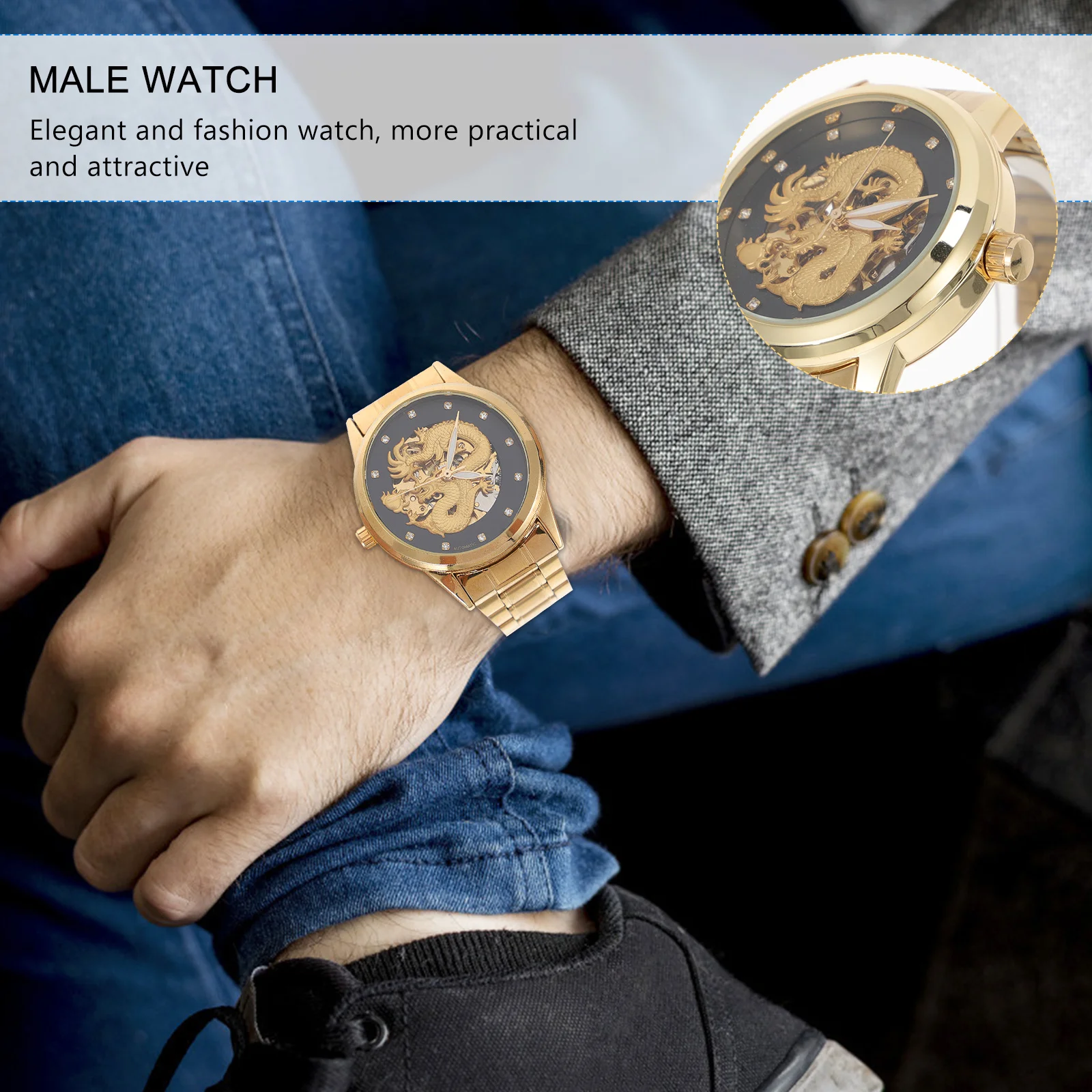 

Men Watch Waterproof Stainless Steel Strap Business Wristwatch Hollow-Out Dial Fashion Casual Waterproof Quartz Movement