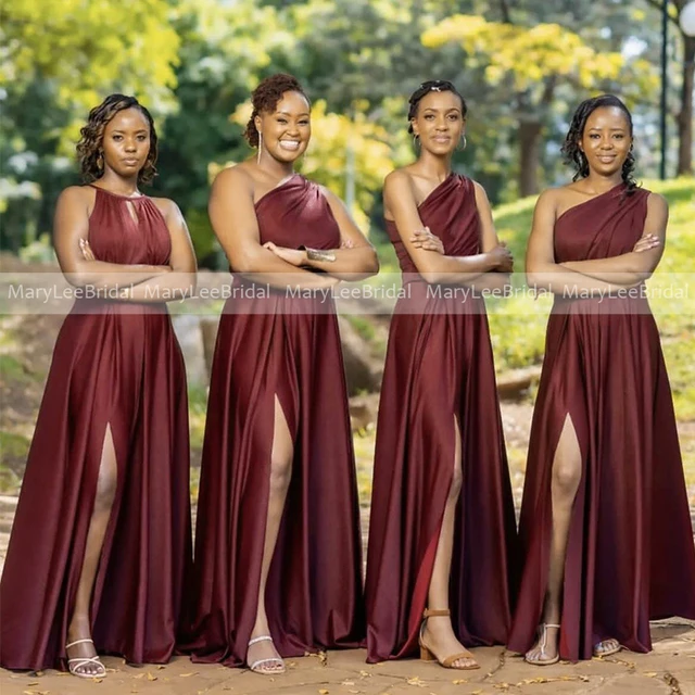 Pleats One Shoulder Dark Wine Bridesmaid Dresses with Slit Burgundy Satin  A-line Long Wedding Guest Dress Maid of Honor Gowns - AliExpress