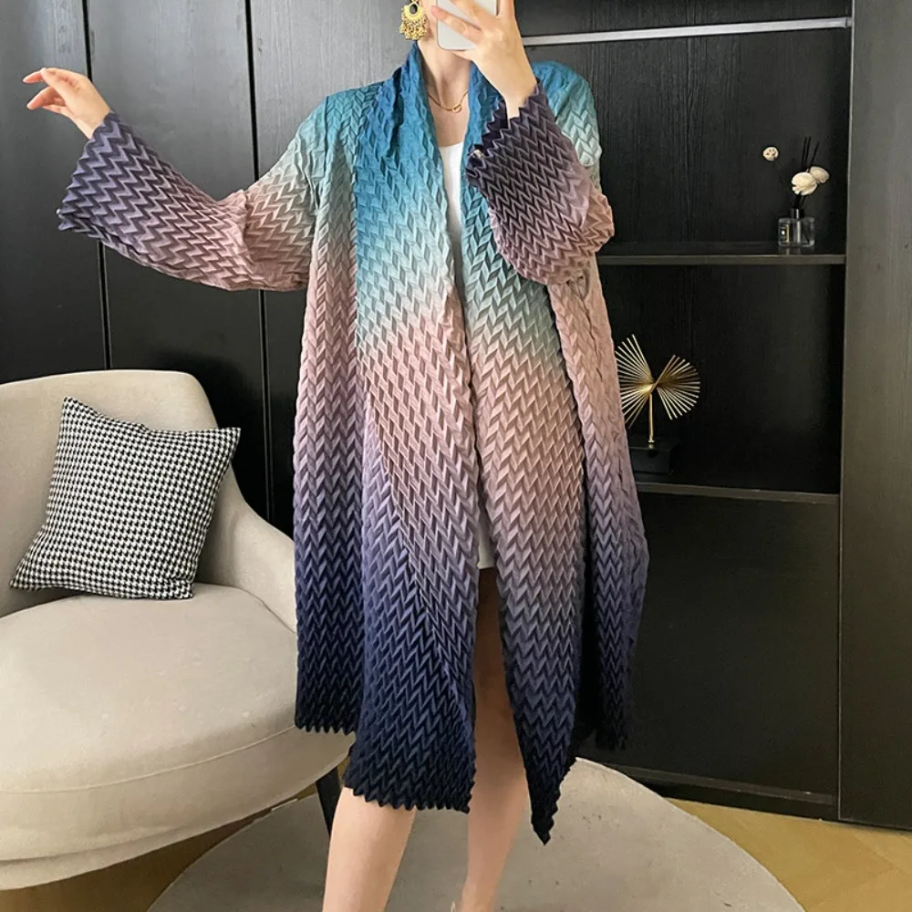 

Pleats Pleated Gradient Color Handmade Jacket Women Commuter Large Lapel Cardigan Long Section Large Size Elastic Outer Cloak