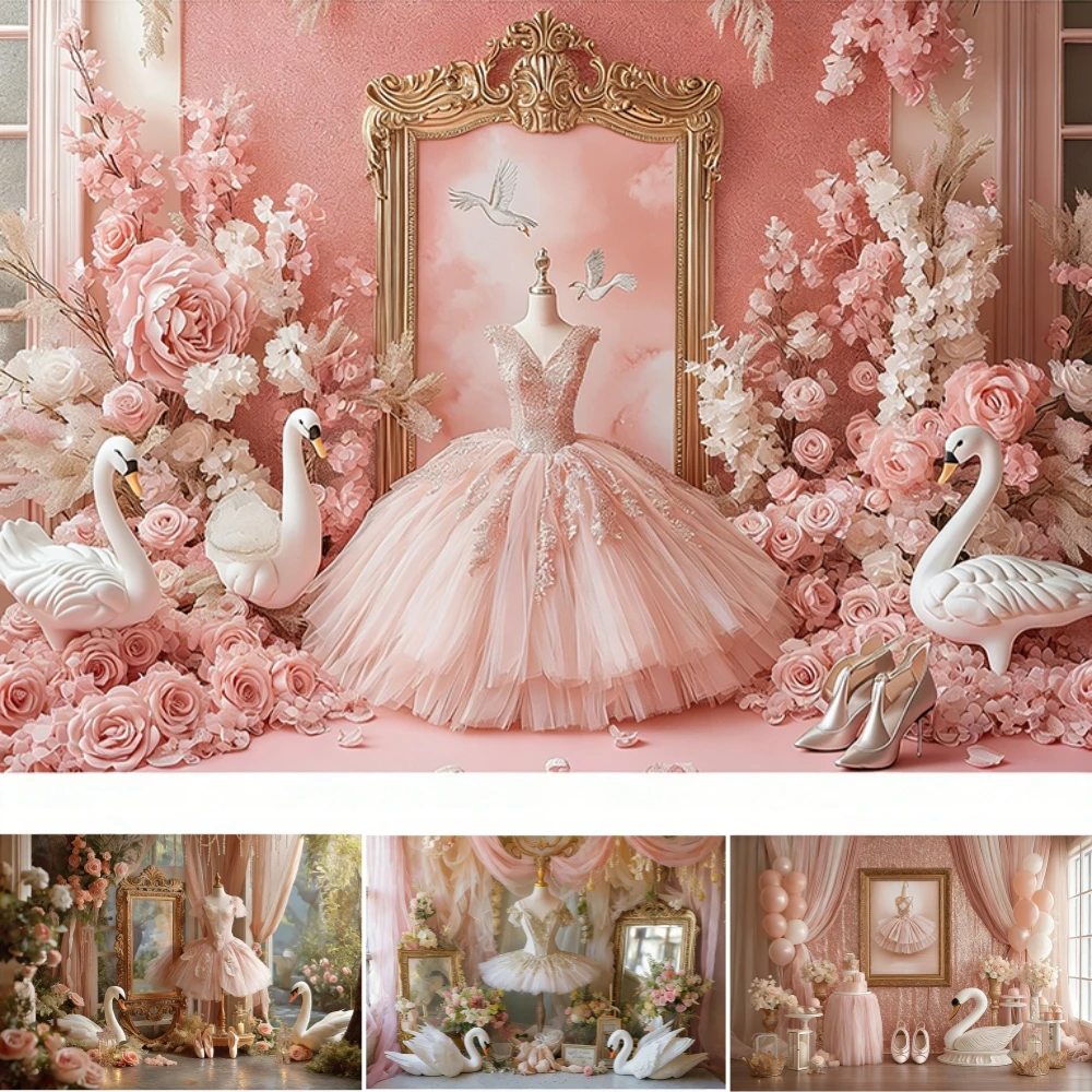 

Swans Ballet Tutu Dress Photography Background Child Girl Birthday Cake Smash Props Pink Sequined Curtain Backgrounds Decors