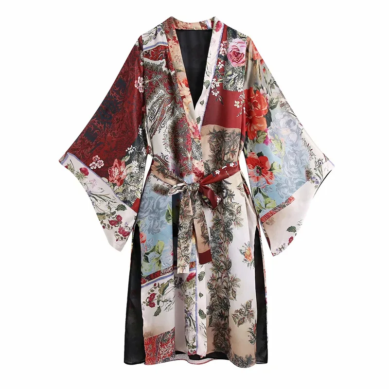 TIFICY Fashion New Women's Fashionable Pajama Style Patchwork Printed Kimono Style Trench Coat Exterior  Trench Coat