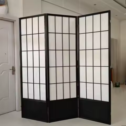 Solid wood Japanese-style screen partition, simple modern mobile folding screen Zen living room porch folding camphor grid backg