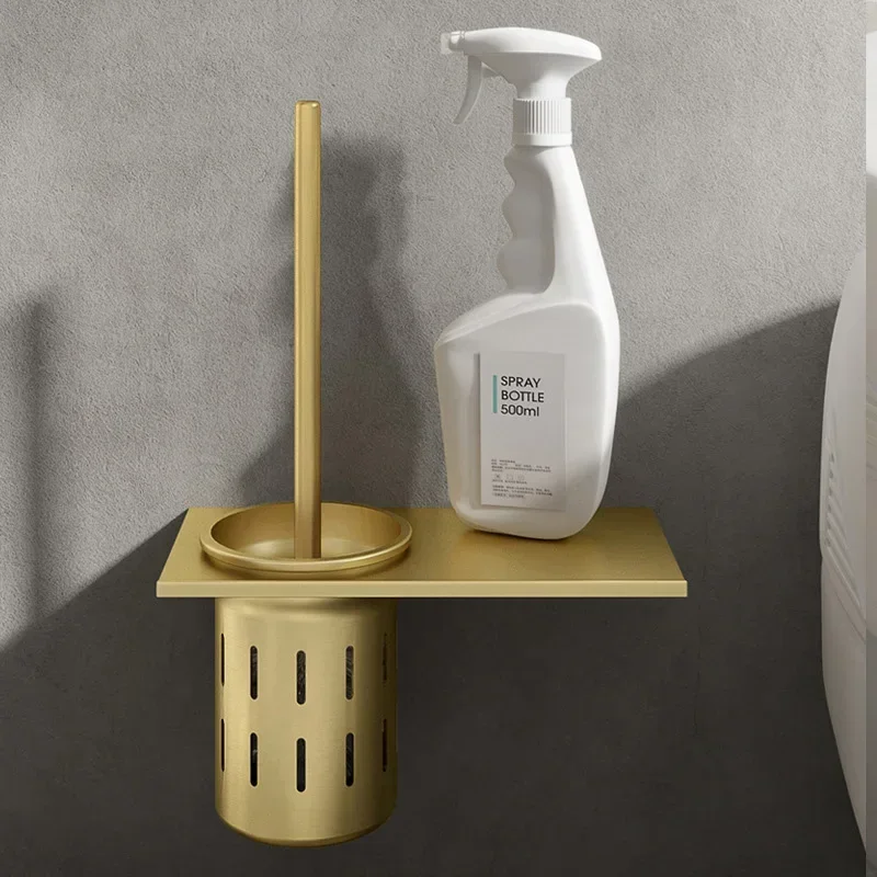 Toilet Toilet Brush Set with No Punching, Bathroom Wall Mounted Space Aluminum Brushed Gold Toilet Brush Holder Cleaning Brush