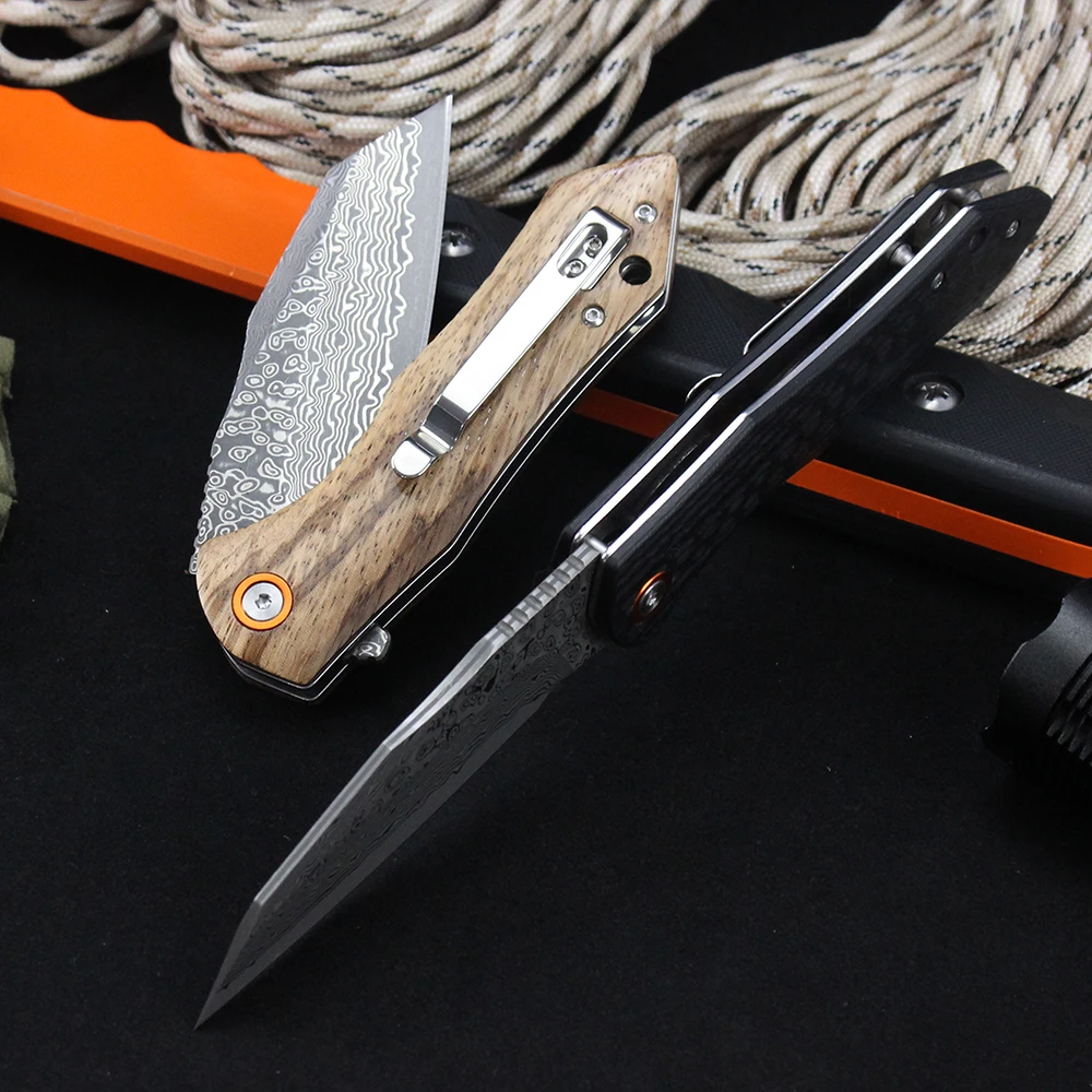 Tunafire Damascus Folding Knife Zebra wood/carbon fiber G10 Handle Hunting Survival Tanto Pocket Knives EDC Hand Tools - view 6