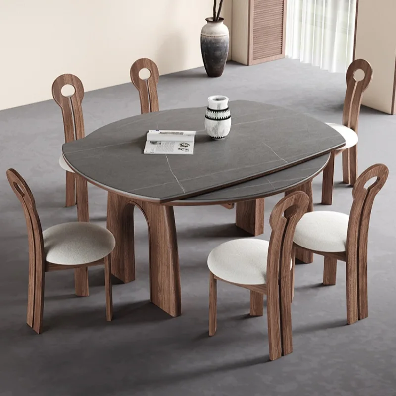 French retro folding round table household antique retractable solid wood rock slab square and round dual-purpose table chair
