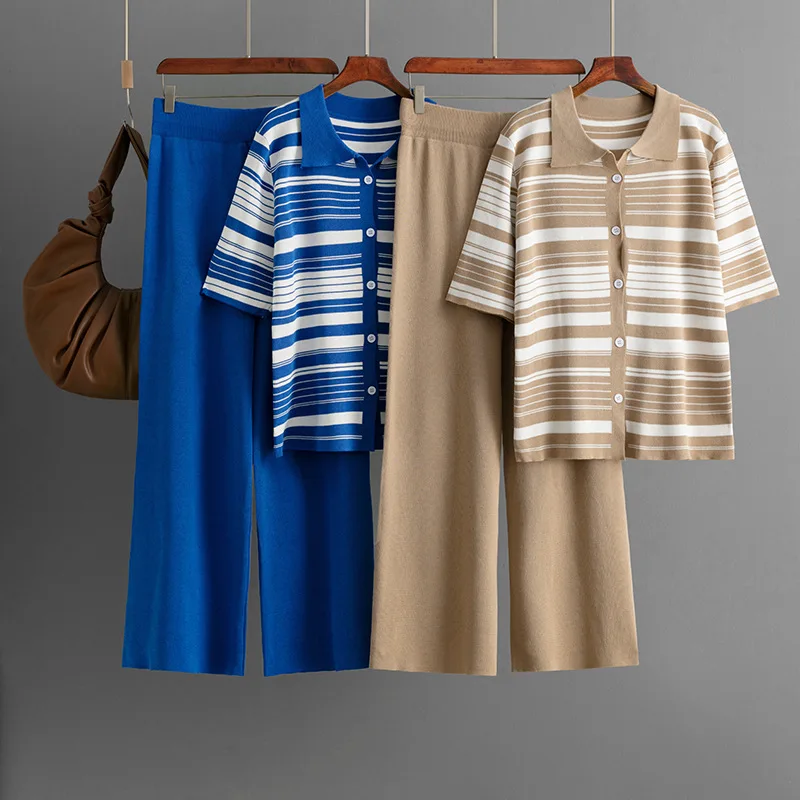 

Fashion Knitted Pants Suit Women 2025 Summer New Fashion Striped Loose Short-sleeved Tops Casual Pants Women Two-piece Sets