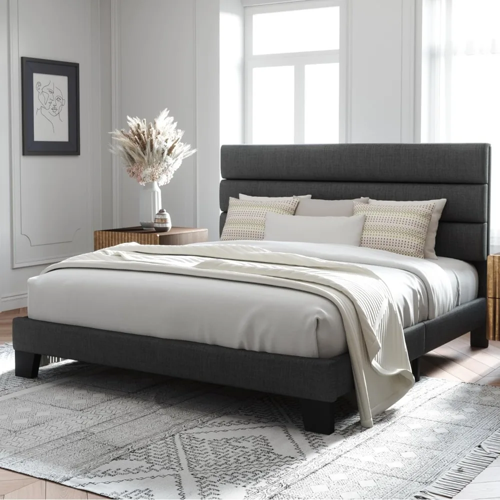 King Bed Frame Platform Bed with Fabric Upholstered Headboard and Wooden Slats Support, Fully Upholstered Mattress Foundation