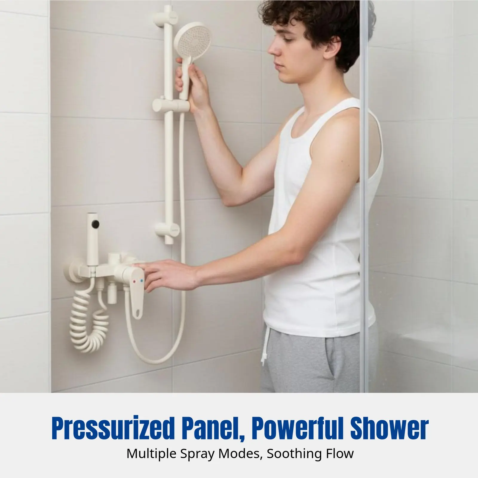 

Cream Shower Faucet Set, Wall-Mounted, 3-Mode Pressurized Head, Rotating Knob, For Small Bathrooms, Installation Included