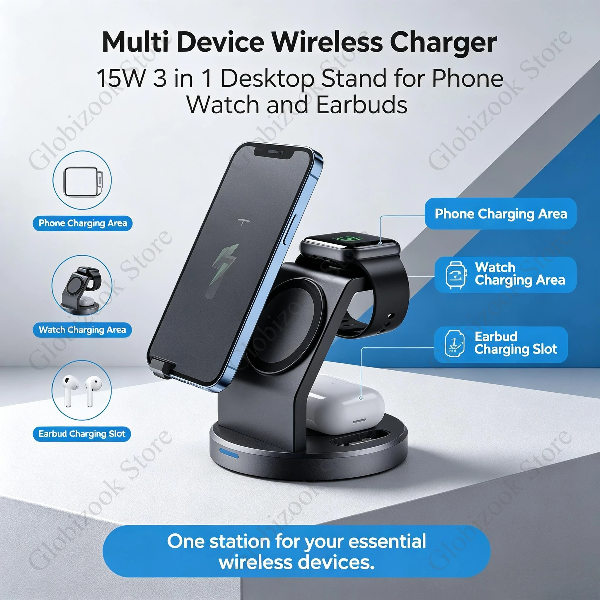 Stazione di ricarica wireless 3 in 1, supporto caricabatterie compatibile con MagSafe da 15 W per smartphone, smartwatch e auricolari, base di ricarica da scrivania.
