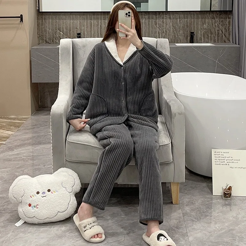 Gray Winter Woman Soft Pajama Loungewear Flannel Pyjamas High-End  Free Shipping Warm Nightwear Clothes Lady 2 pieces Nightie