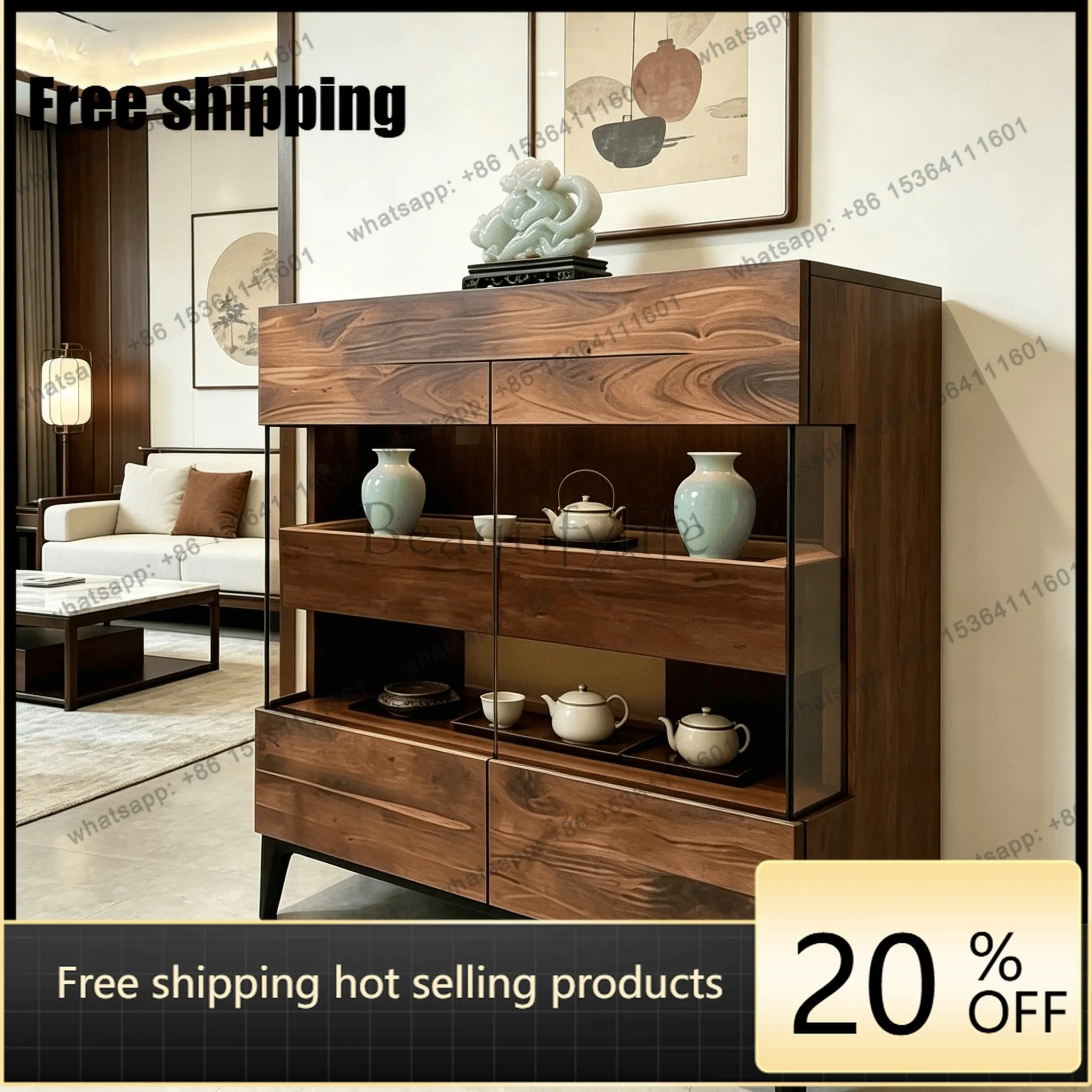 YJ North American Black Walnut Solid Wood Sideboard Minimalist Glass Display Wine Cabinet Wall Dining Storage Cabinet
