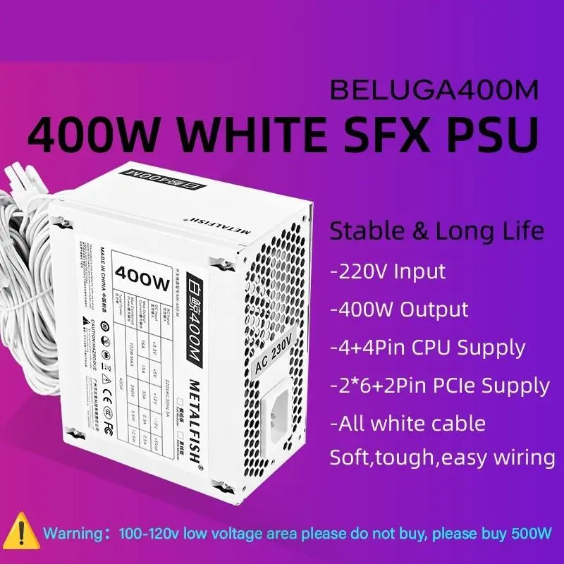 Top SFX400W 500W White Power Supply 220~230V Input Dual 6+2Pin PCIe Ports High Efficiency Silent PWM Fan Game Computer PSU