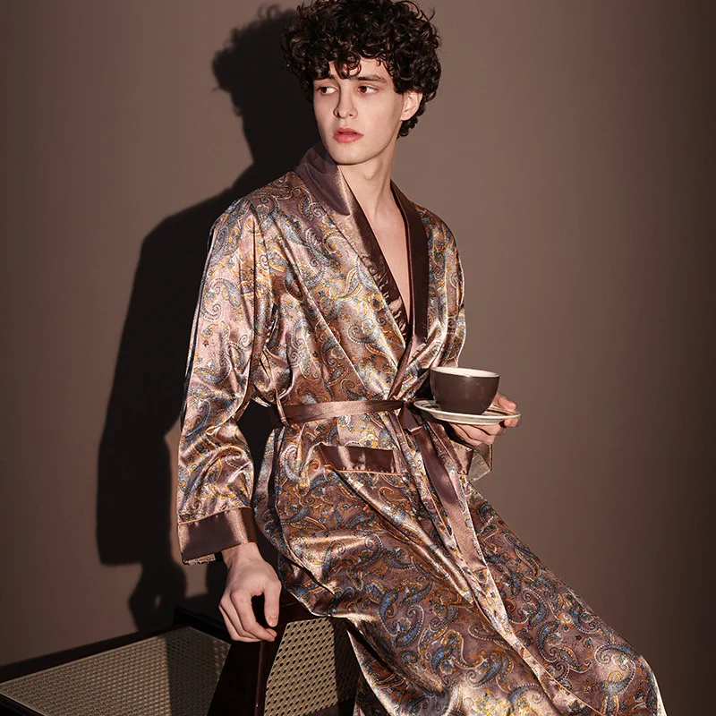 Men's Satin Printed Robe Male New Sleepwear Kimono Bathrobe Gown Yukata Loungewear Casual Homewear Long Sleeve Nightgown Pyjama