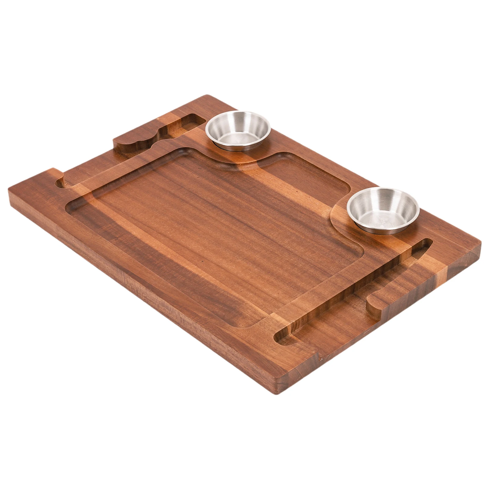 

Acacia Wood Steak Plate Board for Eating, Meat Cutting Board for Steak Food Serving Tray with 2 Sauce Cups for Family Dinners